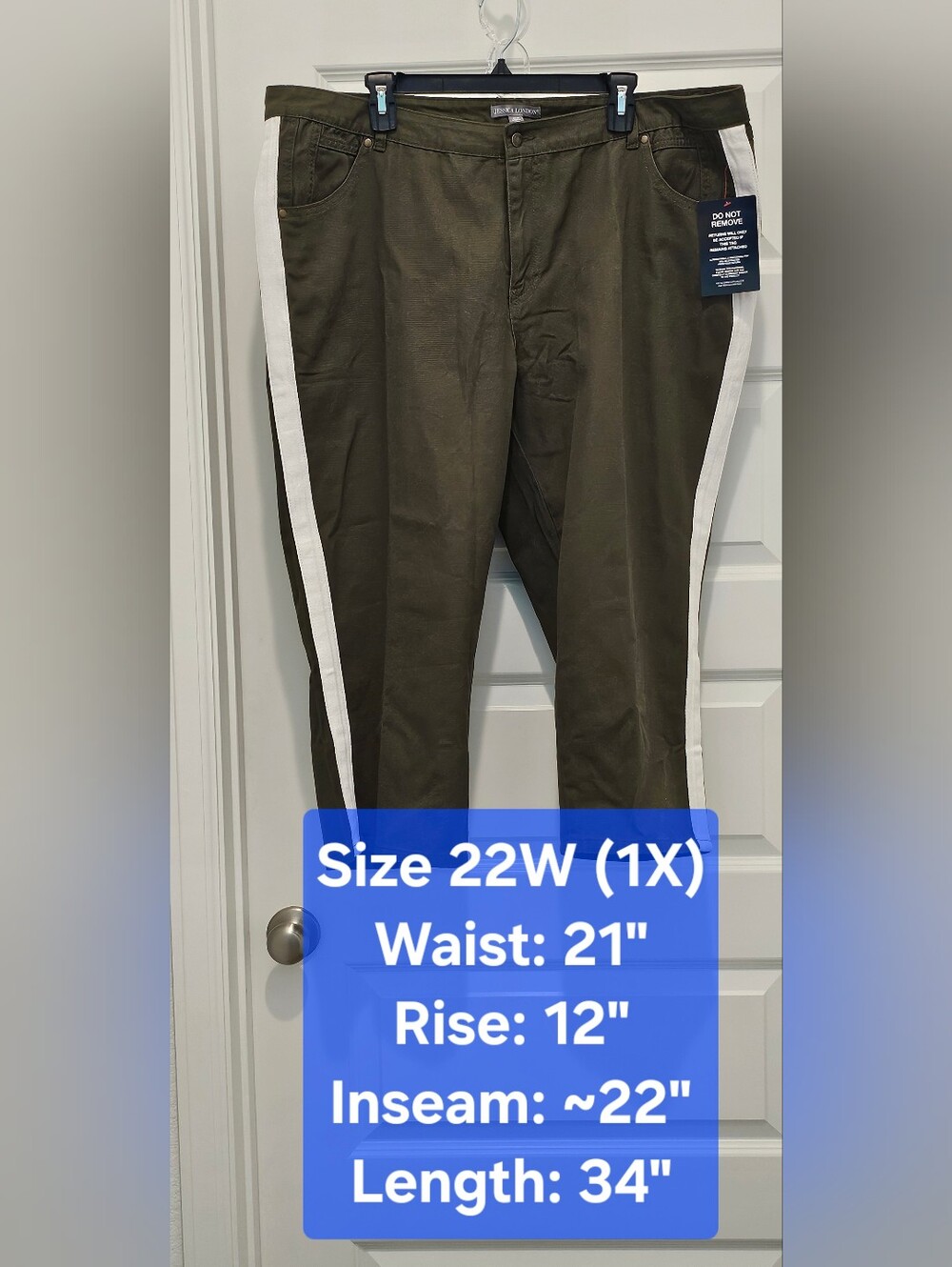 NWT Jessica London Olive Green Side Stripe Cropped Cotton Pants Plus Size 22W